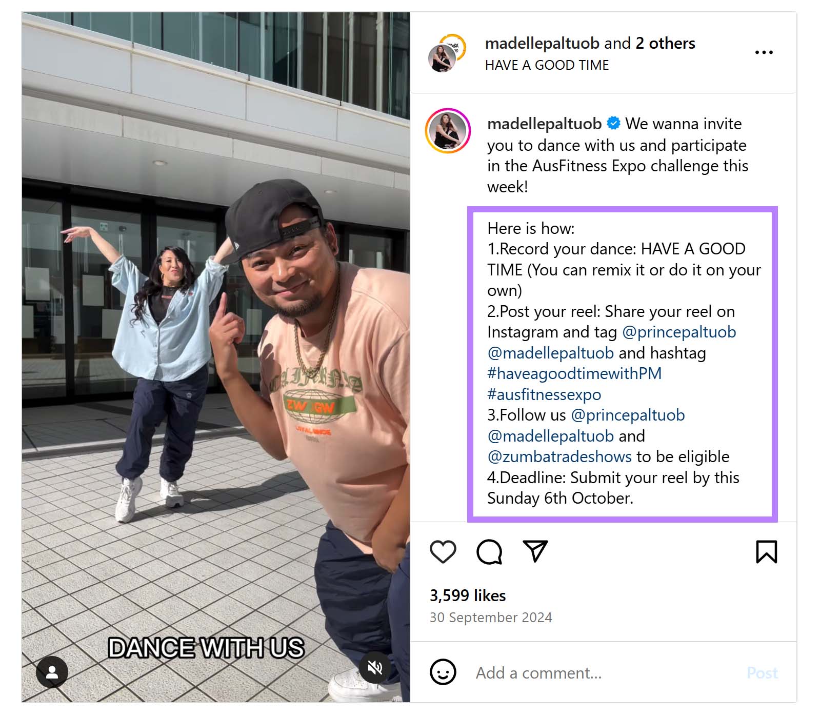 Madelle Paltu-ob’s dance-focused UGC campaign with test in post description highlighted