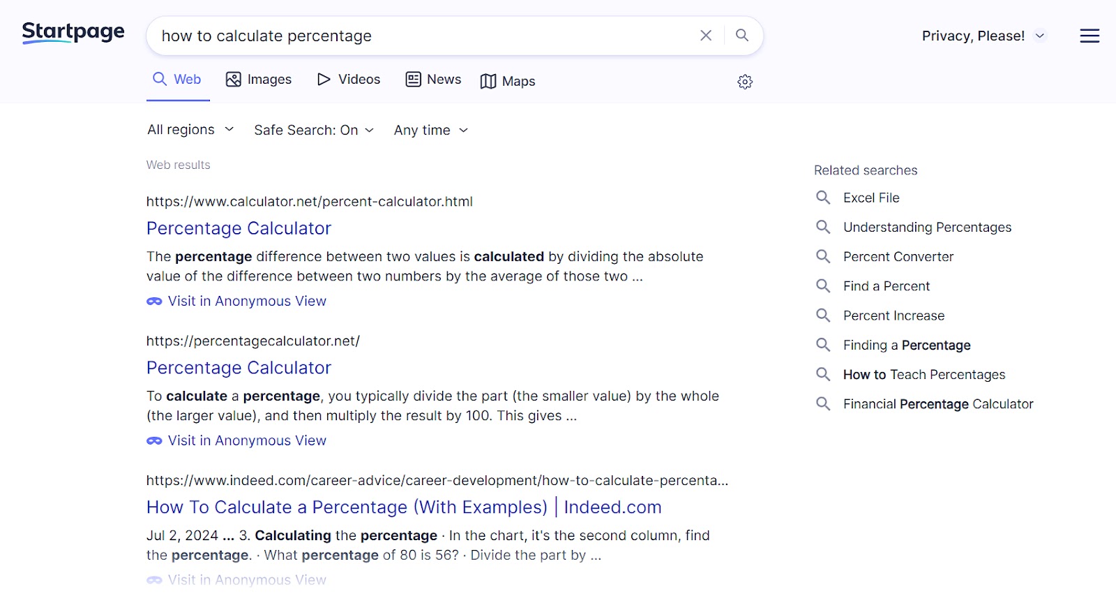 Startpage SERP for "how to calculate percentage"