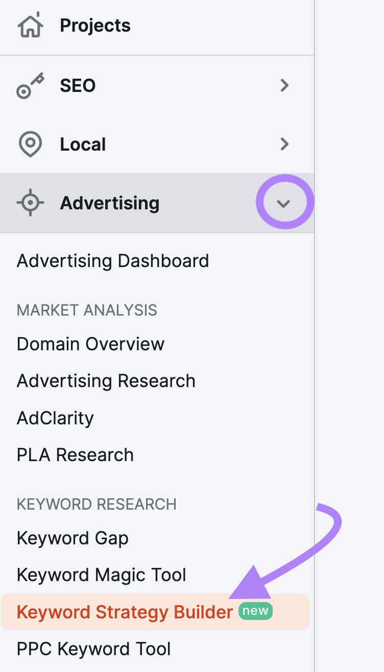 Keyword Strategy Builder tool option highlighted in Semrush menu