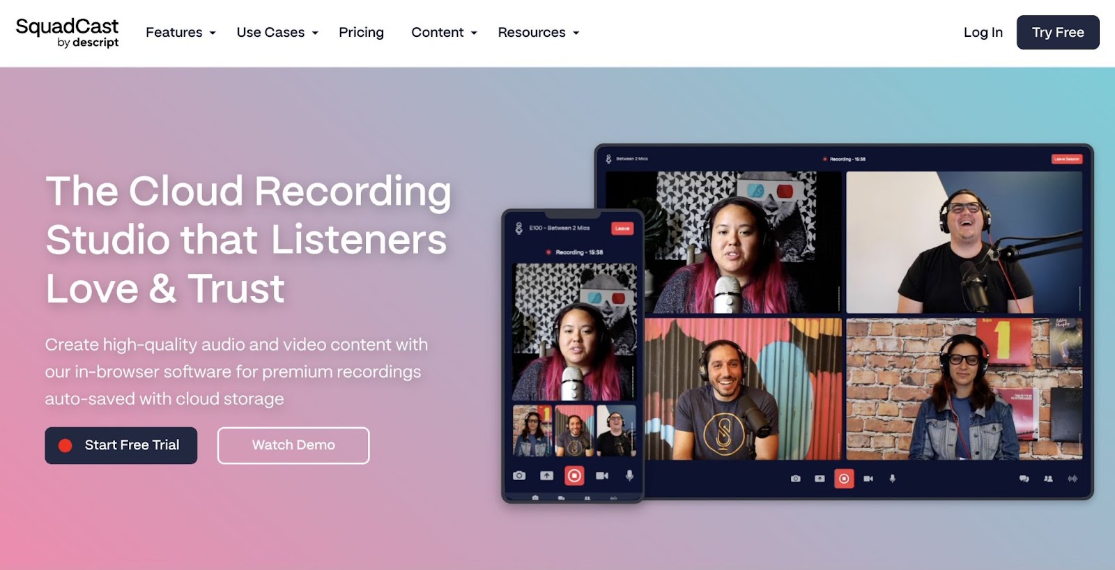 Squadcast mobile and desktop recording studio with multiple virtual hosts.