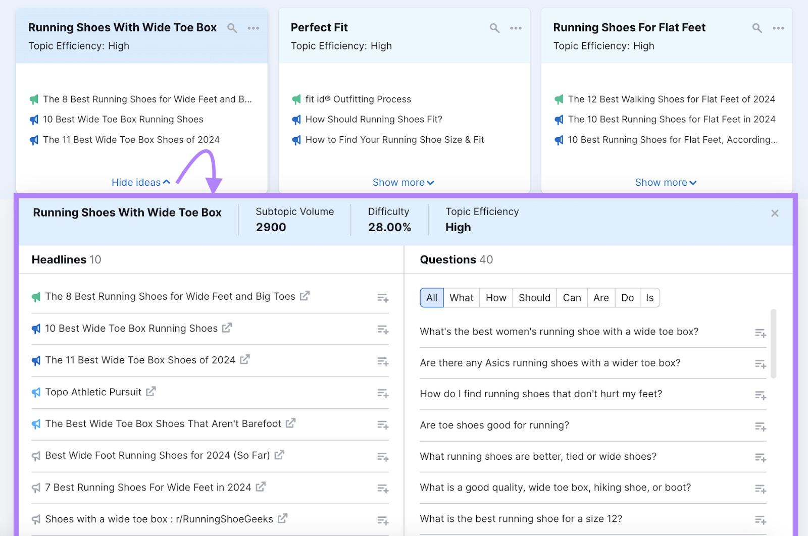 popular headlines, related questions, and related searches
