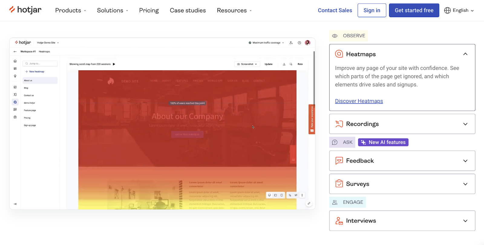 Hotjar heatmap demo of user activity changing on different areas of a webpage.