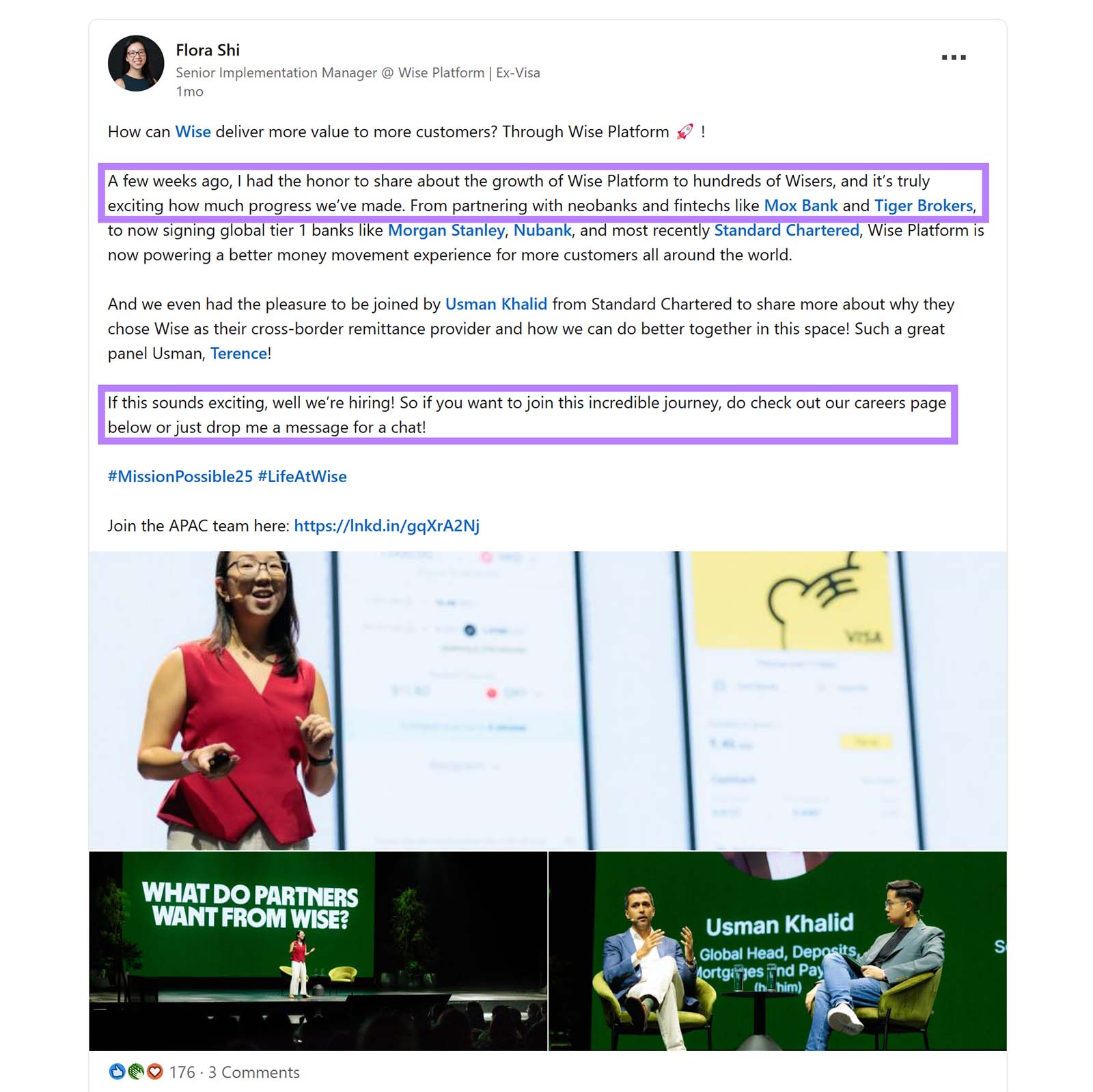 Flora Shi's LinkedIn post with sentences highlighted