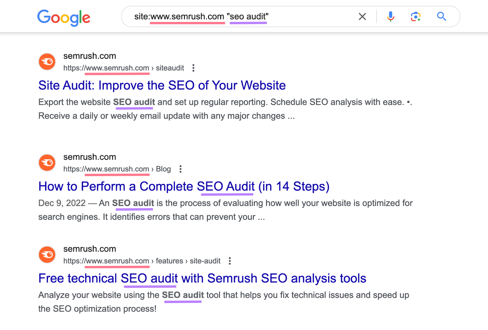 search for "site:devt.bdseotools.com "seo audit"" shows list of urls on semrush with keyword mentioned