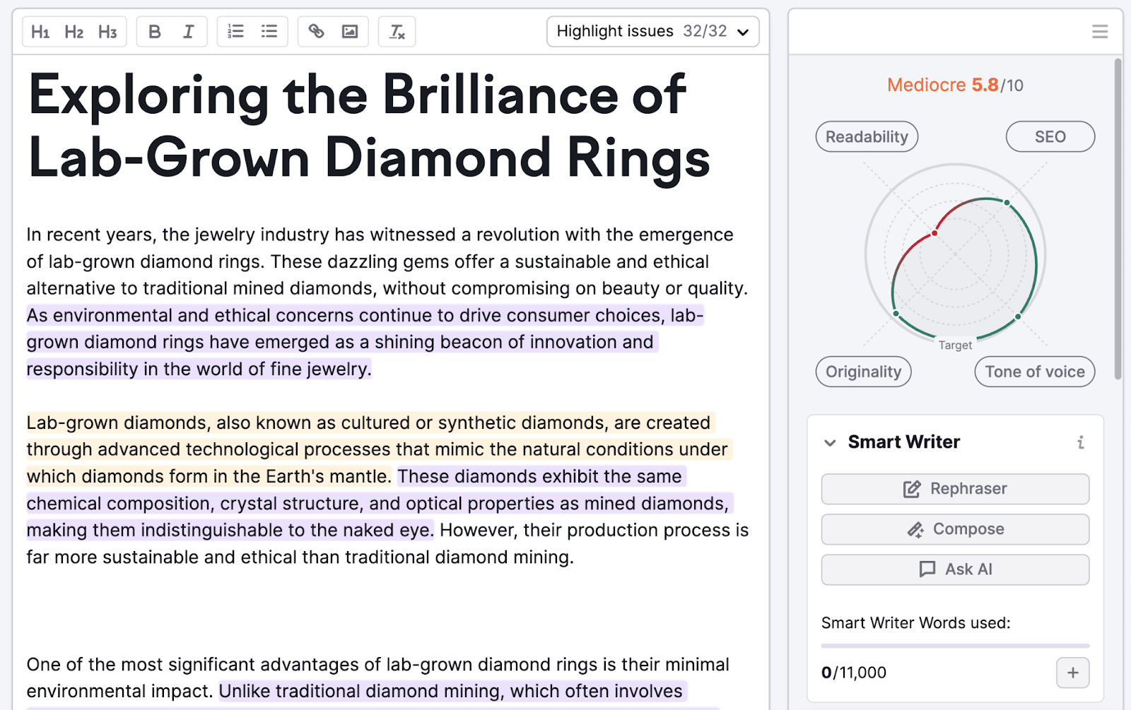SEO Writing Assistant tool scores a piece of content and offers readability and SEO suggestions.