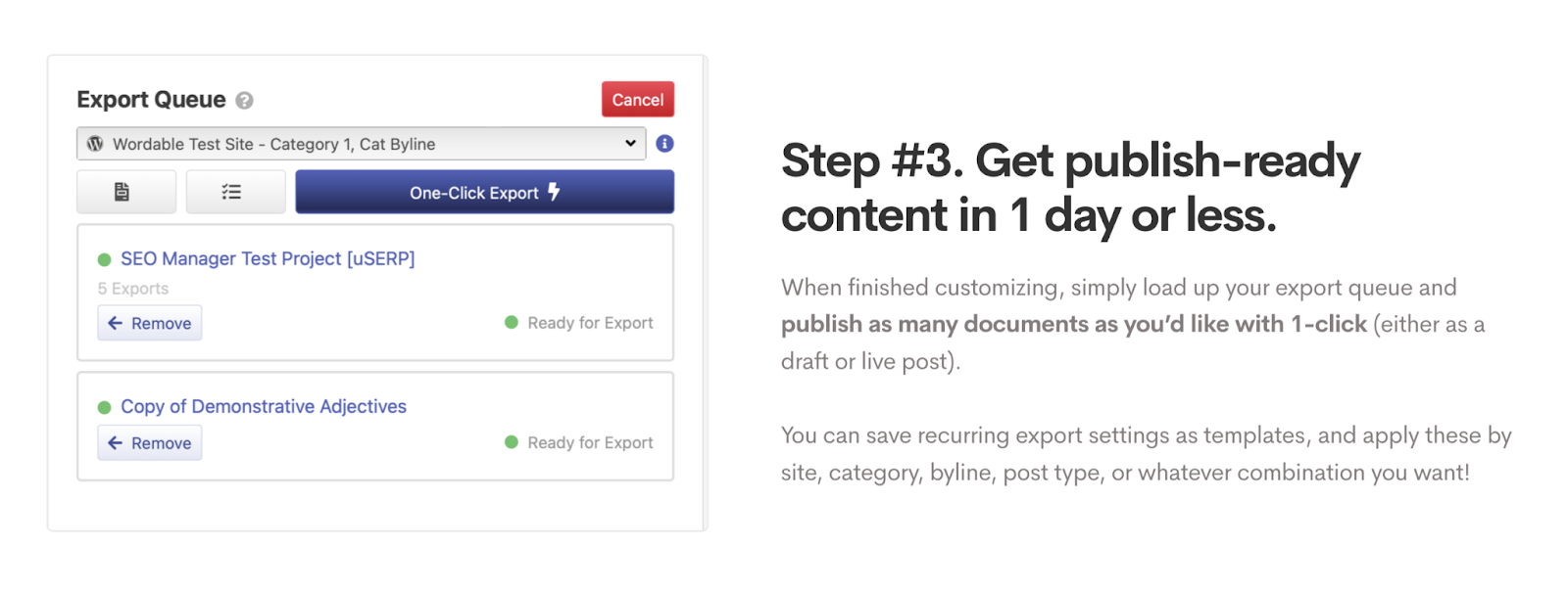 Wordable export queue with two blogs ready to send from Google Docs to WordPress.