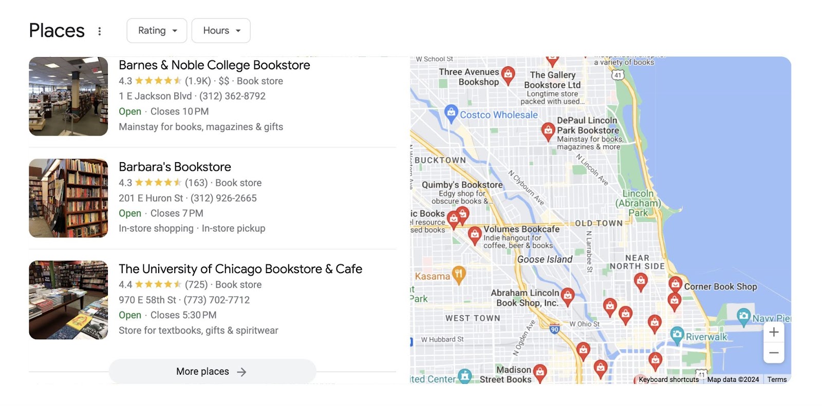 google results for chicago bookstore shows "Places" with map in the serp