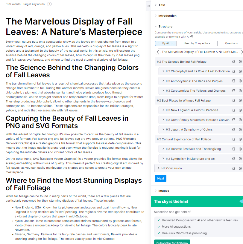 ContentShake AI's draft on "fall leaves" topic