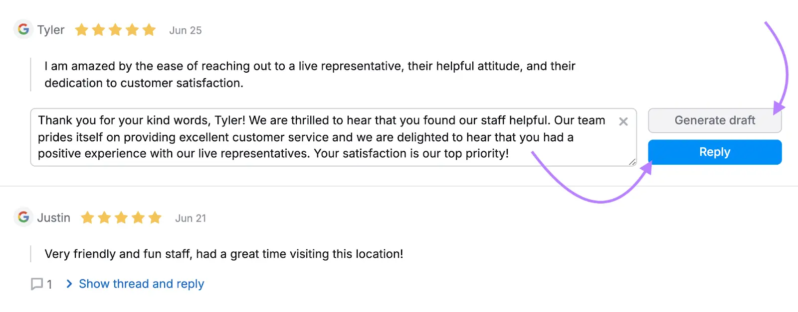 The tool lists reviews across platforms and includes a reply box for Google reviews.