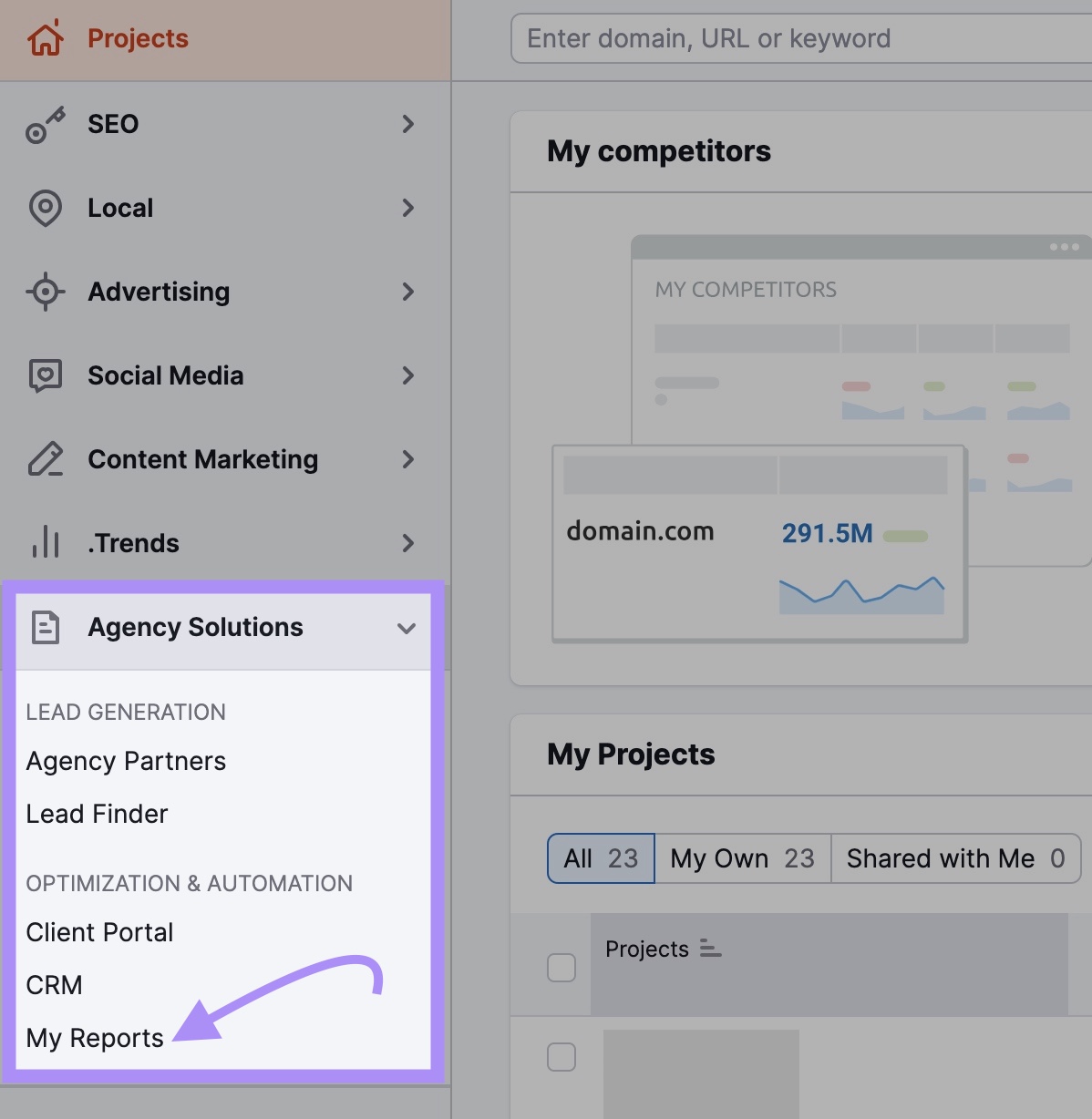Navigating to My Reports in Semrush's dashboard