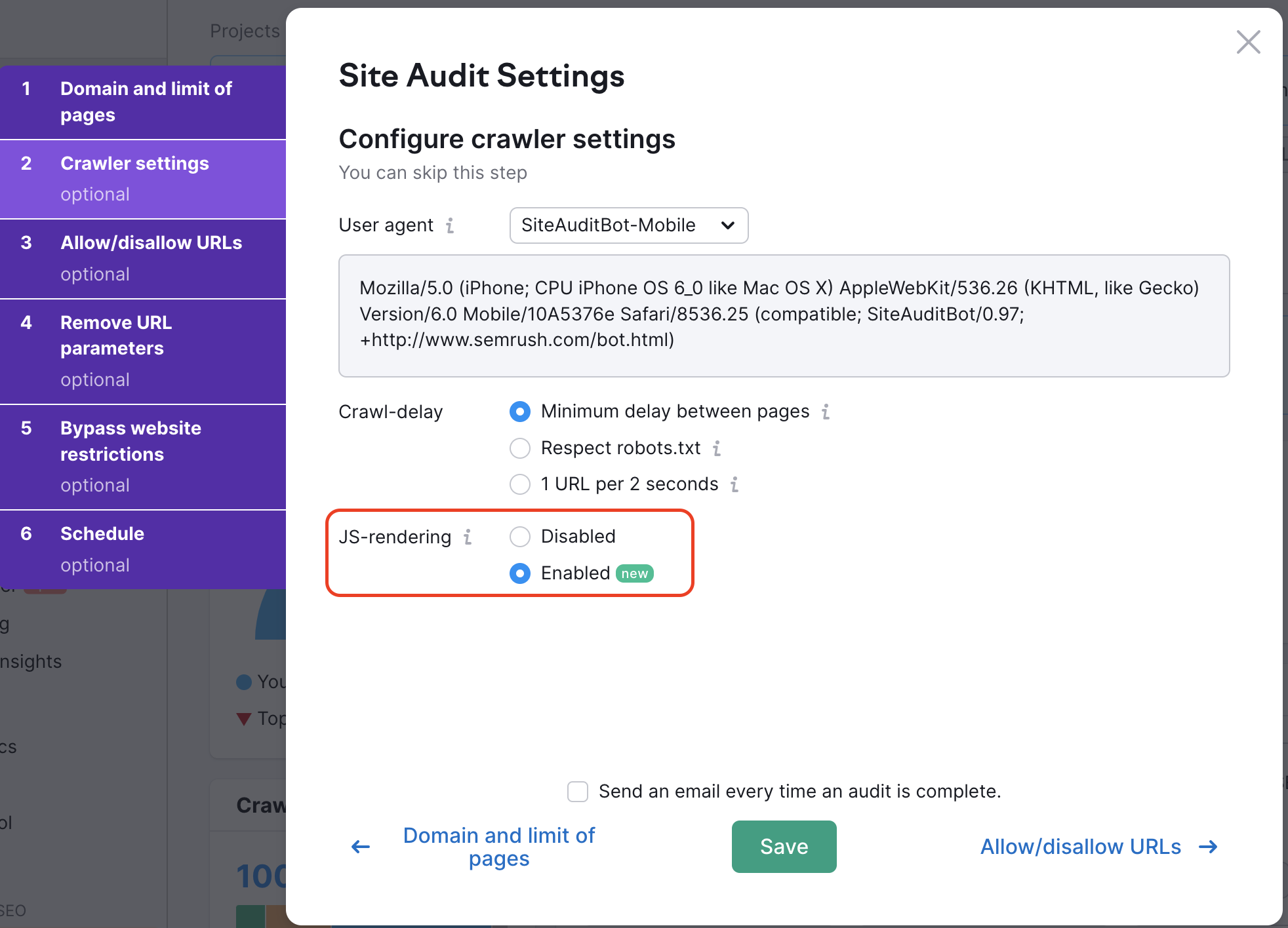 Site Audit setting with the JS-rendering enabled. 