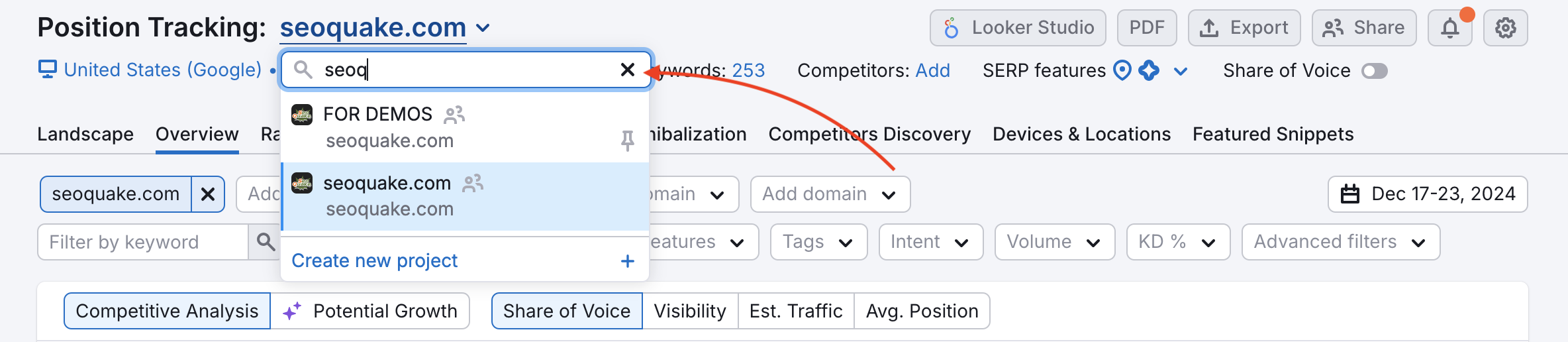 Open project selector in Position Tracking, allowing users to choose different projects for review.