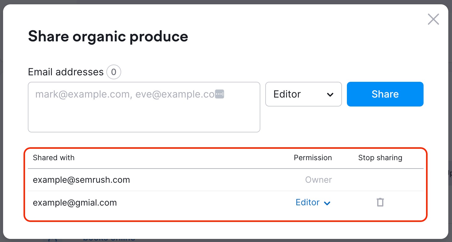 Wizard displaying the Share settings for a list, including the users it’s shared with, options to change permissions, or stop sharing.